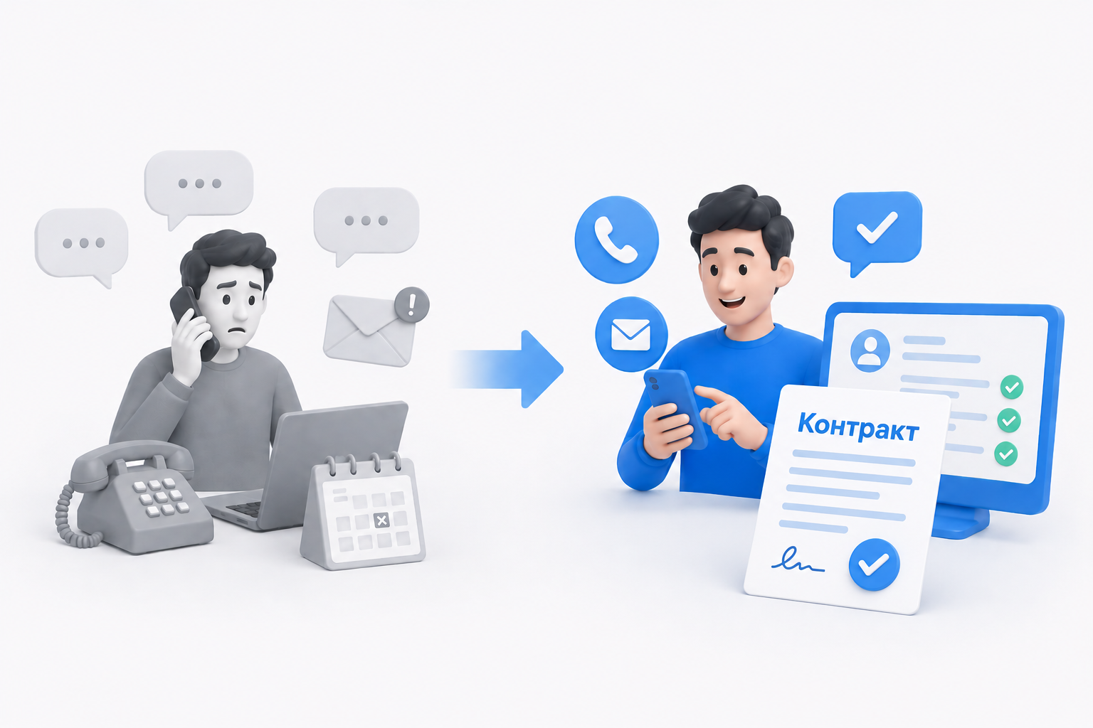 3D-иллюстрация: прямые обращения — звонки и email